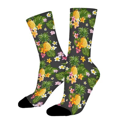 Pineapple And Tropical Flowers Women Printed Crew Socks Funny Funky Socks Soft Polyester Novelty Gifts for Artists Men