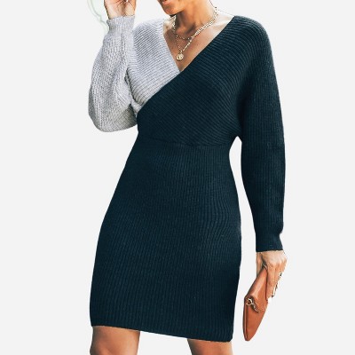 Women's Long Sleeve Colorblock Sweater Dress - Cupshe - Black/Gray
