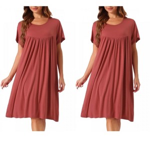 cheibear Women's Cotton Chest Pleat Design Loose Short Sleeve Cozy Nightgowns 2 Pcs - 1 of 4