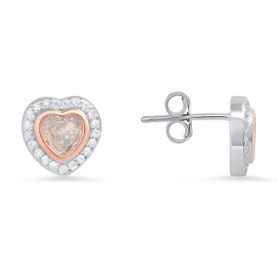Sterling Silver Two-Tone CZ Heart Halo Stud Earrings