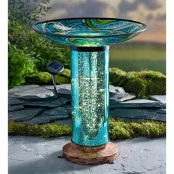 Wind & Weather Glass Fish Motif Birdbath with Solar Lighted Mercury Glass Stand