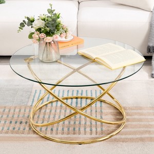 Bekrvio 31.5'' Round Glass Coffee Table with Gold-Plating Bright Metal Oval Frame, Modern Circle Gold Coffee Table for Living Room - 1 of 4