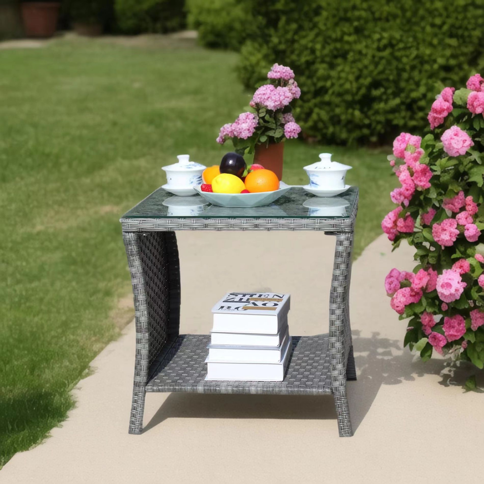 GDFStudio Kacper Outdoor PE Rattan Square Coffee Table with Tempered Glass Top, Gray