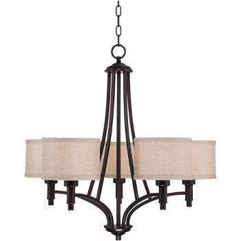 Franklin Iron Works La Pointe Oil Rubbed Bronze Pendant Chandelier 26" Wide Rustic Oatmeal Linen Shade 5-Light Fixture for Dining Room Kitchen Island