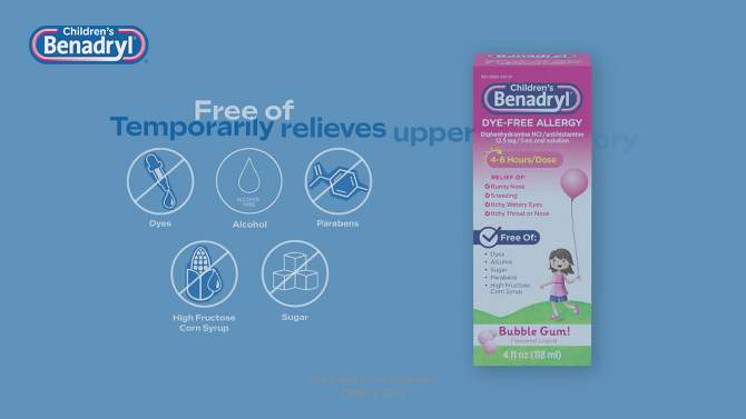 Children's Benadryl Dye-Free Allergy Relief Liquid - Bubble Gum - Diphenhydramine - 4 fl oz, 2 of 12, play video