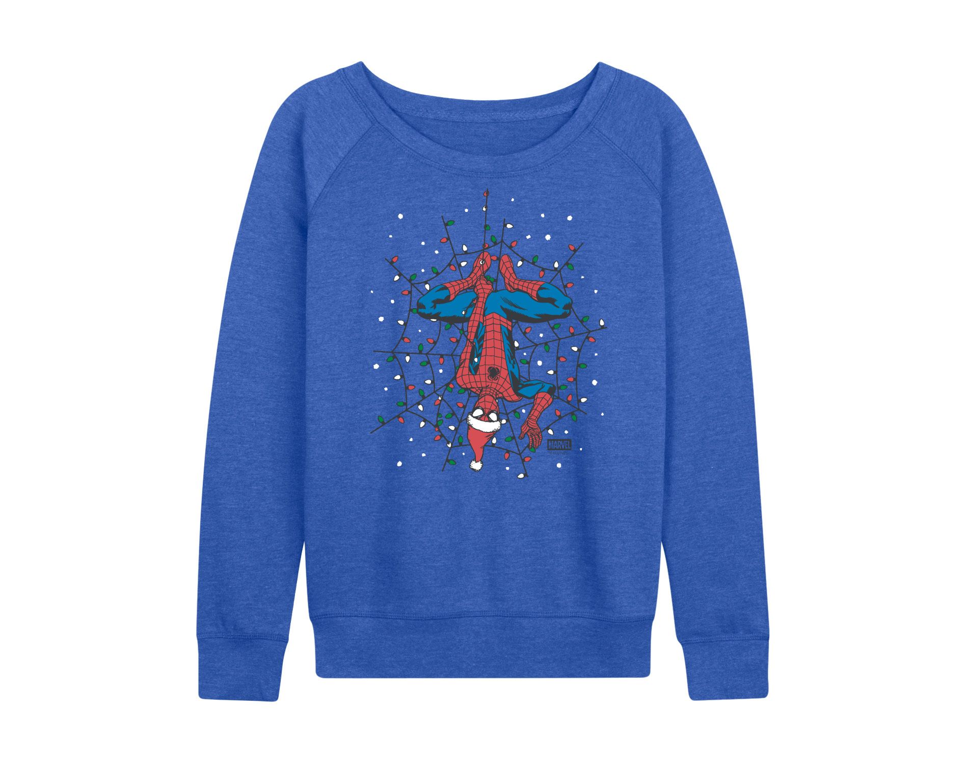 Women's Marvel Holiday Lights Spider Man Lightweight French Terry Wide Neck Long Sleeve Graphic Shirt - Heather Royal Blue - 2X