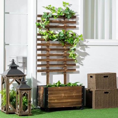 Lirago 58" Raised Garden Bed with Trellis Rolling Wooden Planter Box for Climbing Plants Flowers Indoor Outdoor Use Brown