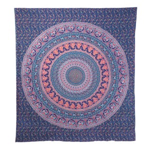 HomeRoots 92" X 84" Green Blue And Orange Mandala Cotton Hanging Tapestry - 1 of 4