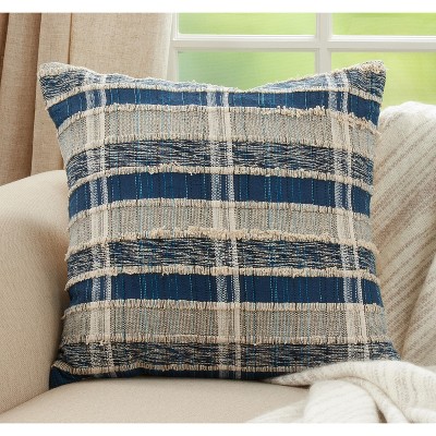 Blue and Beige Striped Woven Cotton Pillow Cover