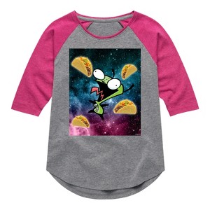 Girls' - Invader ZIM - GIR Loves Tacos in Space Shirt Tail Raglan Graphic T-shirt - 1 of 4