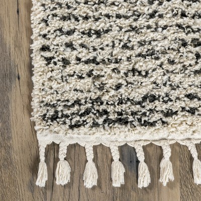 Off-White Braided Stripe Synthetic 8' Square Shag Rug