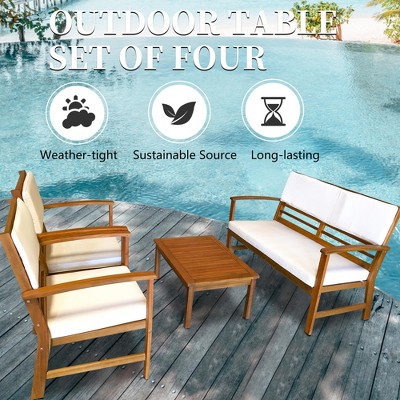 4-Piece Acacia Wood Outdoor Seating Set with White Cushions