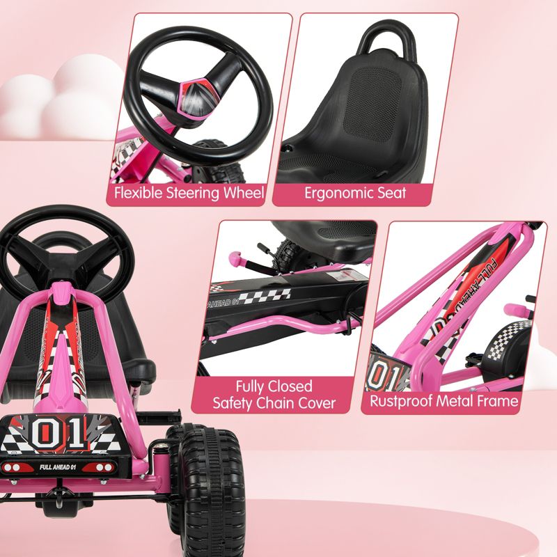 Infans Kids Pedal Go Kart 4 Wheel Ride On Toys w/ Adjustable Seat Handbrake Red, 3 of 5