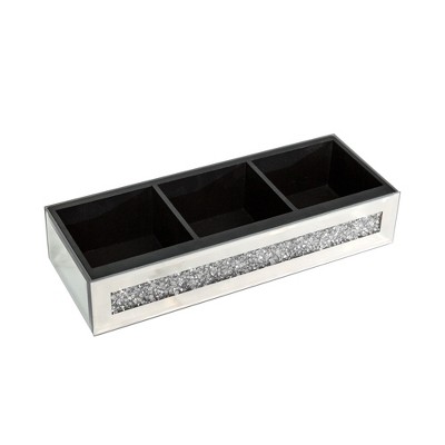 HomeRoots Set Of Two Silver Mirrored Glass Three Section Jewelry Organizers With Faux Crystals