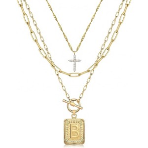 Layered Initial Necklace for Women, 14K Gold Plated Letter Pendant with Cross Charm, Paperclip Chain Choker Jewelry - 1 of 4