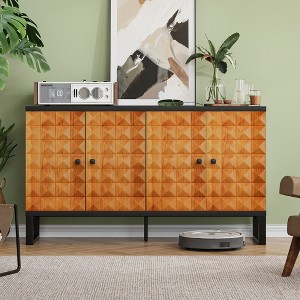 Mid-Century Modern Storage Cabinet – Retro 4-Door Wooden Buffet Cabinet with Geometric Pattern & Adjustable Shelf - 1 of 4