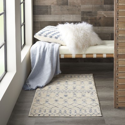 Beige Blue Geometric Synthetic Rectangular Area Rug 2'2" x 3'9"