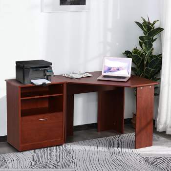 HomCom 2 Piece Corner Computer Desk Workstation with Printer Stand Storage Cabinet