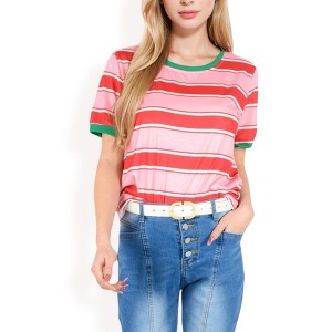 Anna-Kaci Women's Short Sleeve Striped Casual Tee with Contrast Trim - 1 of 4