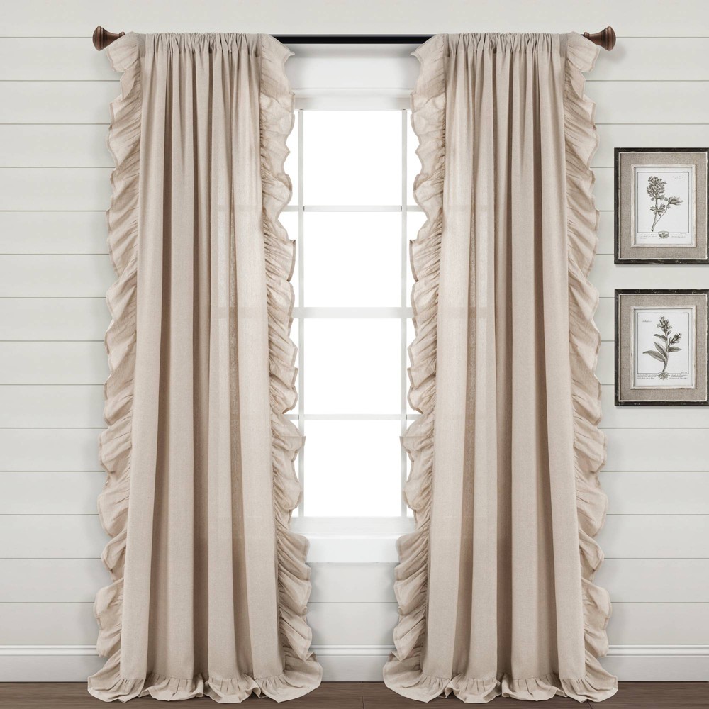 Photos - Curtains & Drapes 95"x54" Linen Ruffle Window Curtain Panels Beige - Lush Décor