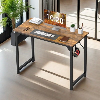 Infurnic Desks Computer Desk with Storage Bag and Headphone Hook, Small Home Office Writing Study Desk, Brown, 47 Inches