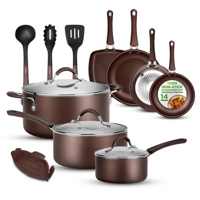 NutriChef 14-Piece Nonstick Cookware Set with Lids and Utensils - Brown