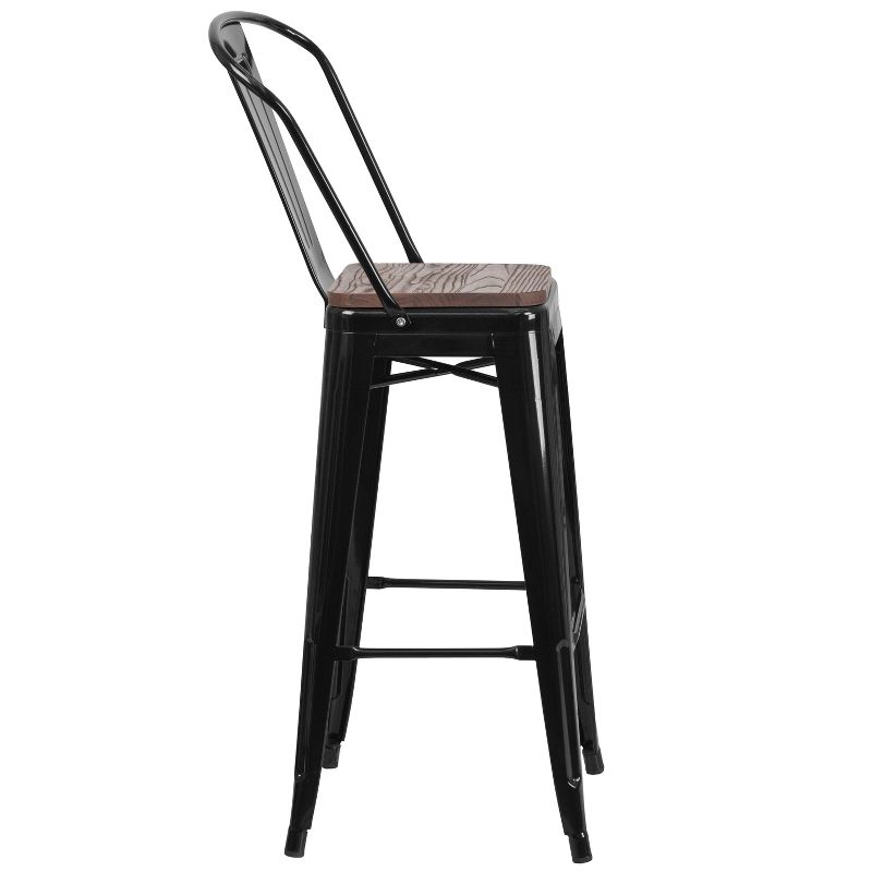 Merrick Lane Metal Dining Stool with Curved Slatted Back and Textured Wood Seat, 4 of 17