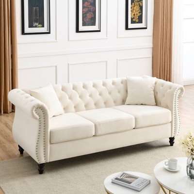 TiramisuBest 80" 3-Seater Tufted Velvet Sofa with Rolled Arms & Nailhead Trim, Beige for Living Room, Bedroom & Office,2 Pillows