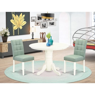 East West Furniture 3 Piece Mid Century Modern Dining Table Set Includes A Wood Table & 2 Willow Green Faux Leather Mid Century Modern Chairs,  White