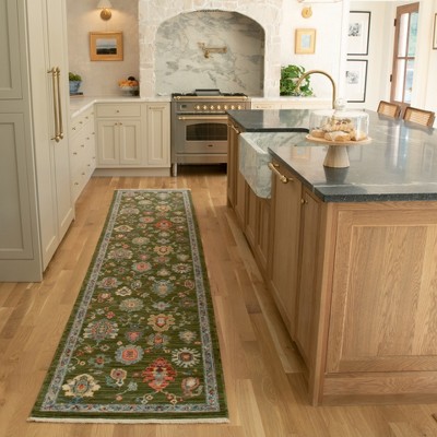Green and Blue Wool Synthetic Oriental Runner Rug, 2' x 6'