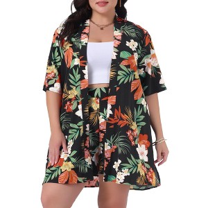 Agnes Orinda Women's Plus Size 2 Piece Tropical Print Cardigan Summer Floral Tops and Shorts Sets - 1 of 4