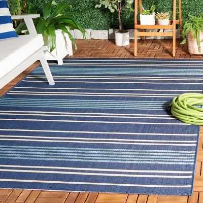 Navy and Blue Striped Rectangular Synthetic Indoor/Outdoor Rug, 8' x 11'