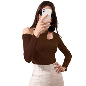 Coolmee Womens Off The Shoulder Tops Slim Fitted Tee Long Sleeve One Shoulder Casual Blouse Going Out Tops - 1 of 4