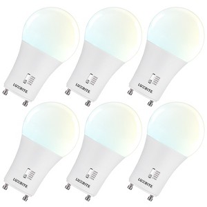 Luxrite A19 LED Bulb, 60 Watt Equivalent, CRI90, 5CCT Dimmable, 800 Lumens, 2 Prong Twist Lock, 9W, ETL Listed GU24 Base 6 Pack - 1 of 4