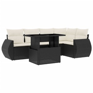 vidaXL 6 Piece Patio Sofa Set with Cushions Black Poly Rattan - Black and Cream without Storage - 1 of 4