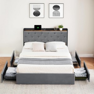 Upholstered Bed Frame with 4 Storage Drawers, Velvet Bed with Headboard Shelf & Charging Station - 1 of 4