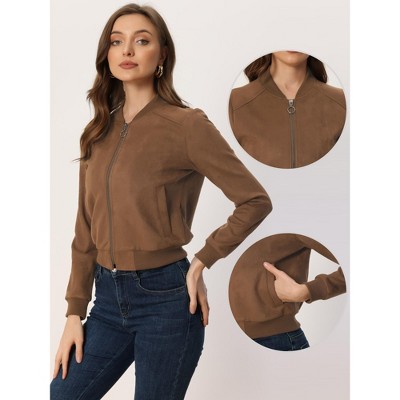 INSPIRE CHIC Women's Faux Suede Cropped Stand Collar Zip-Up Bomber Jackets Small Brown — фото 2