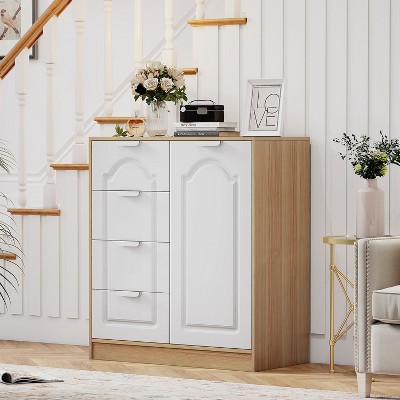 KTMBDW Wooden Floor Cabinet,Storage Organizer with 4 Drawers and 1 Cupboard,Freestanding Entryway Storage Table,Bathroom Furniture Home Decor,White