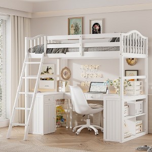 Whisen Modern Design Twin Size Wooden Loft Bed with Drawers, Cabinet, Shelves and Desk - White - 1 of 4