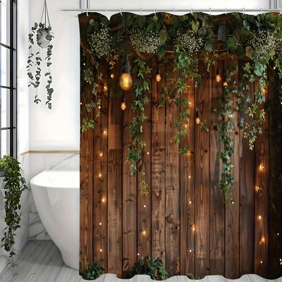 Paaaawaters 1pc Vintage Rustic Wooden Board Door Shower Curtain, Green Leaves On Farmhouse Country Wood Plank