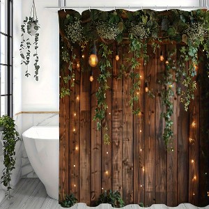 Paaaawaters 1pc Vintage Rustic Wooden Board Door Shower Curtain, Green Leaves On Farmhouse Country Wood Plank - 1 of 4