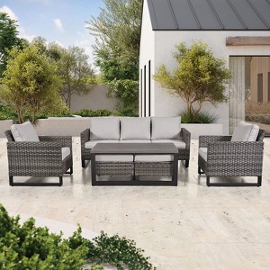 Belord 6 Pieces Outdoor Patio Furniture Set, Gray Wicker Rattan Patio Sofa Set with Chair, Ottoman and Coffee Table for Porch Deck Balcony - 1 of 4