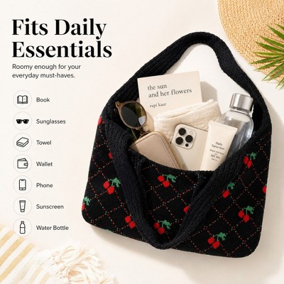 Alilang Women's Cherry Knit Tote Bag Crochet Shoulder Purse Large Summer Beach Carryall - Black — фото 4