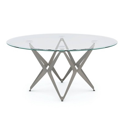 miBasics Braylyn Round Glass Top Contemporary Coffee Table Champagne: Modern Steel Frame, 18" High Center Table