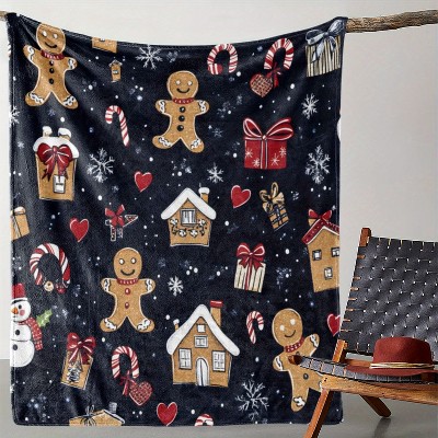 Vintage Christmas Gingerbread Man Holiday Throw Blanket - Wintergreen Candy Cane Sugar House Snowflake Heart Print.