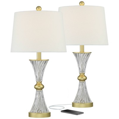 Regency Hill Traditional Glam Table Lamps Set of 2 with USB Charging Port Gold Twisting Glass White Tapered Drum Shade Living Room