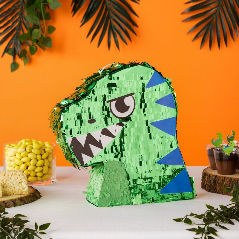 Blue Panda Dinosaur Pinata for Boys Birthday T-Rex Themed Party Supplies, Green Foil Dino Decorations (Small, 11.7 x 3.0 x 15.7 In), 2 of 8
