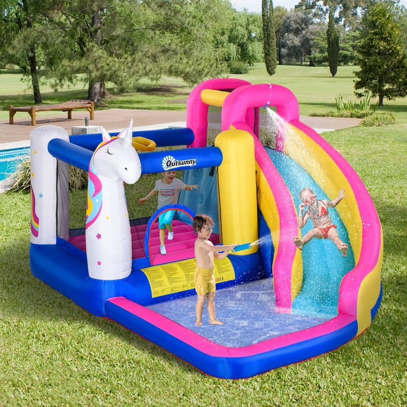 Outsunny 5 in 1 Inflatable Water Slide, Water Park Castle Bounce House Trampoline with Pool, Climbing Wall for Kids Age 3-8 with Air Blower, 2 of 9