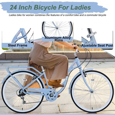 Aukfa Women's Beach Cruiser Bike 24 Inch ， 7 Speed with Dual V Brakes and Adjustable Seat, Adult City Bike
