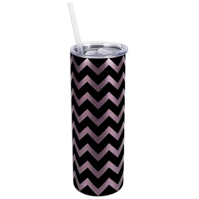 Elanze Designs Rose Gold 20 Ounce Double Wall Stainless Steel Glitter Travel Tumbler With Sliding Lid And Straw, Chevron